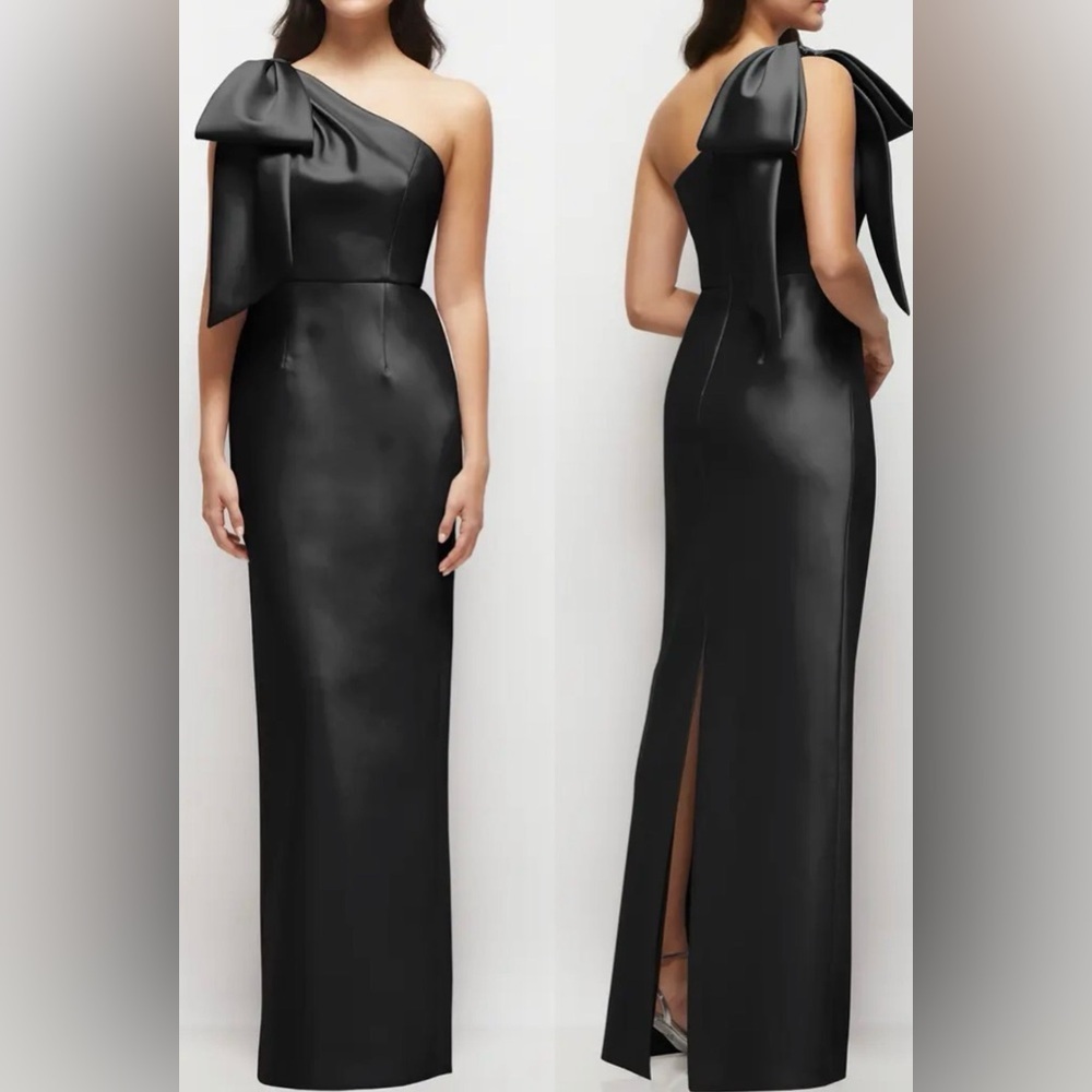 NEW Alfred Sung Bow Detail One-Shoulder Satin Twill Column Black Gown Sz 4 - Picture 1 of 7